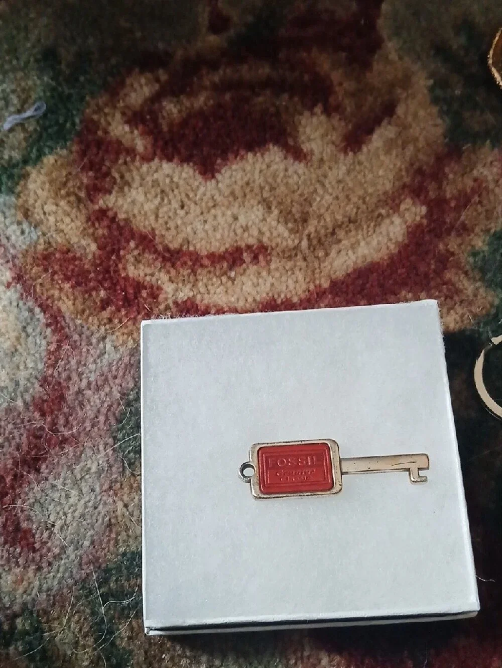 FOSSIL Purse Silver Red Metal Vintage Style Square Key Chain